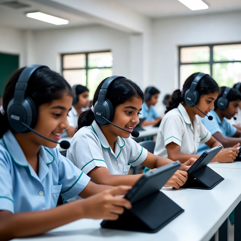 Primary students using learning app